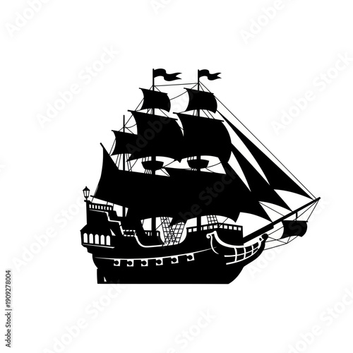 Silhouette of a classic pirate ship with full sails against a white background