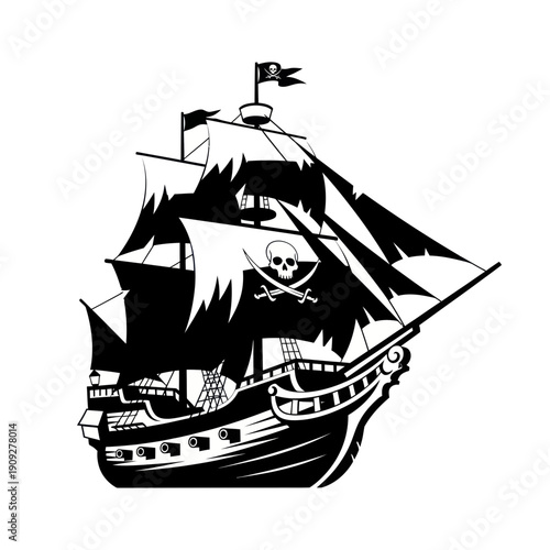 Pirate Ship Silhouette with Jolly Roger Flag and Skull Crossbones