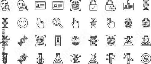 Biometric security and biotechnology outline icon set featuring fingerprint authentication, DNA analysis, laboratory research, identity verification, and scientific data protection concepts
