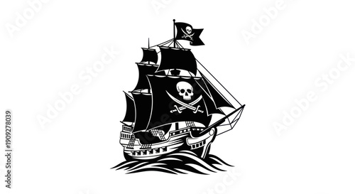 Black Pirate Ship with Jolly Roger Flag Sailing on Waves