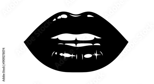 Glossy Black Lips Silhouette with Sparkle Highlights