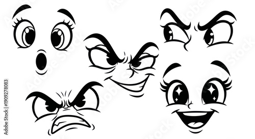 Cartoon Faces Expressing Emotions - Happy, Angry, Surprised, Evil