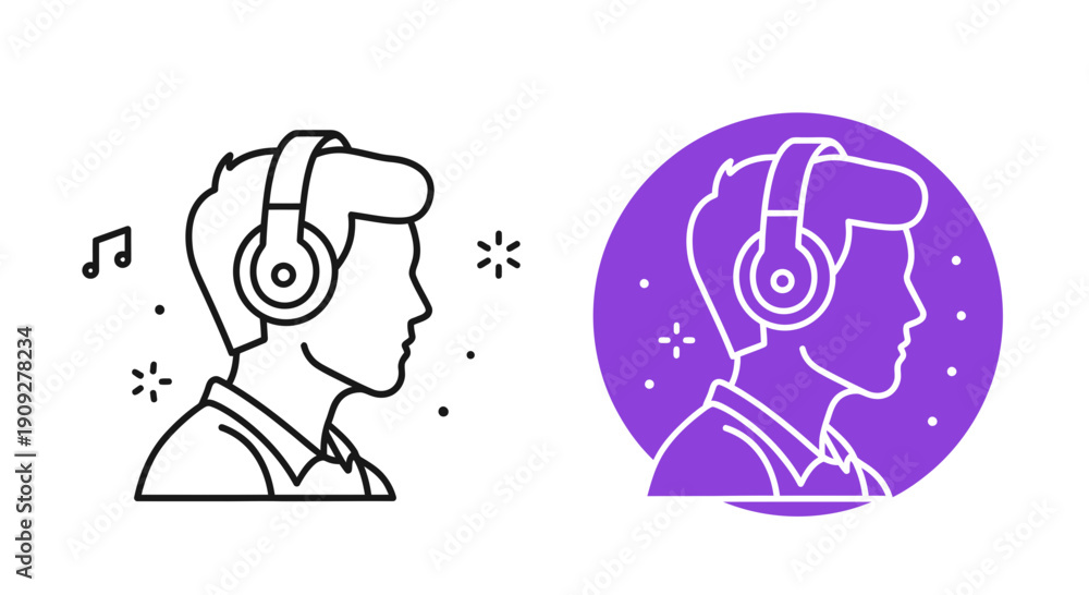 Obraz premium Man Listening Music with Headphones, Sound Waves and Notes Icon