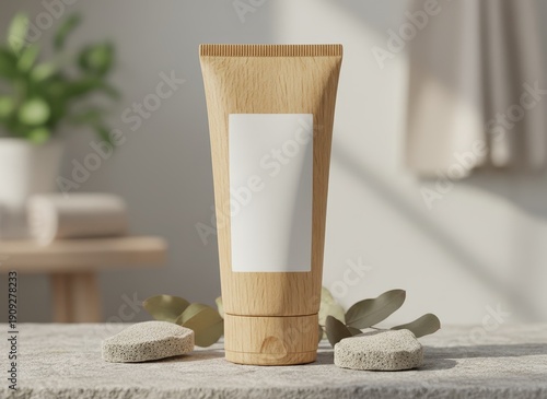 Natural bamboo skincare cream tube with blank label