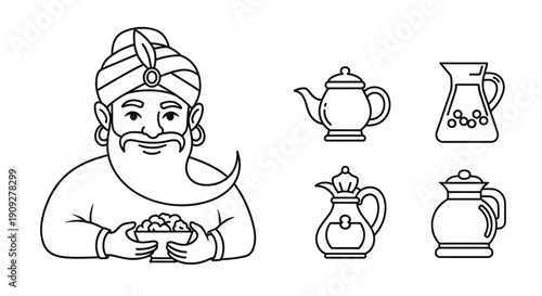 Middle Eastern Man with Turban Holding Bowl of Food and Traditional Drinkware