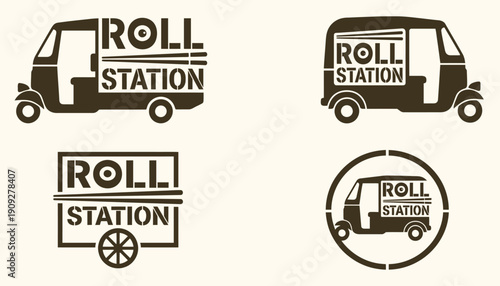 Black and White Vector Icon Set for Food Delivery Rickshaw Business
