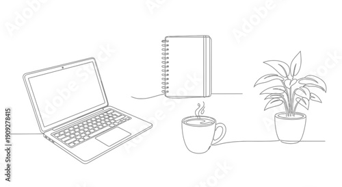 Minimalist Line Art: Laptop, Notebook, Coffee, and Plant - Modern Workspace