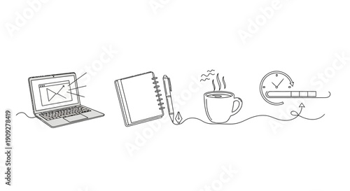 Minimalist line art of laptop, notebook, coffee, and progress bar symbolizing productivity and workflow.
