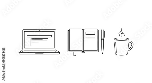 Minimalist Line Art: Laptop, Open Notebook, Pen, and Steaming Coffee Mug on White Background