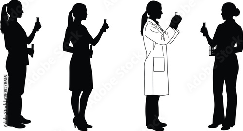 Professional Female Scientist Silhouette Set Wearing Lab Coats and Holding Test Tubes for Medical Research Laboratory and Biotechnology Science Concepts