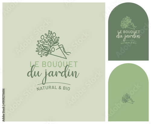 image de marque, logo, emblème, enseigne pour artisan fleuriste, créateur de bouquet, jardinerie, pépiniériste, atelier végétal, vendeur ambulant, plantes de saisons, local, biologique, botanique