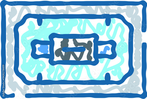 Ice hockey rink doodle overhead view showing rink markings, goals, player positions and action in a minimalist hand drawn sketch style, blue and white sport diagram