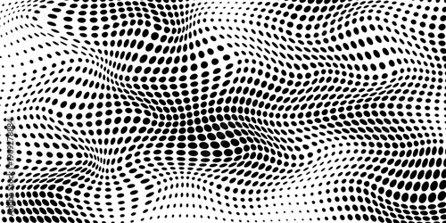 Black halftone wave background. Abstract grainy fluid texture. Dotted curved dot flow wallpaper. Grit swoosh overlay element for poster, banner, brochure, flyer, leaflet, template. Vector backdrop
