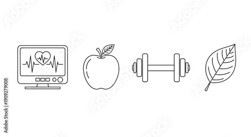 Healthy Lifestyle Icons: Heart Monitor, Apple, Dumbbell, Leaf - Health and Wellness Concept