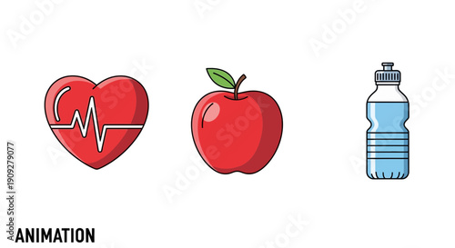 Healthy Lifestyle Icons: Heartbeat, Apple, Water Bottle - Animation