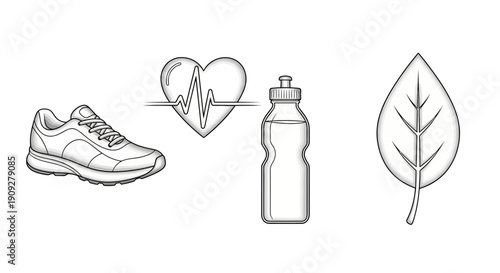 Healthy Lifestyle Icons: Running Shoe, Heartbeat, Water Bottle, Leaf