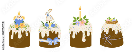 Easter Cake with icing and sprinkles, cute chick, candle, bunny topper, nest with eggs. Traditional Easter cake. Vector Illustration