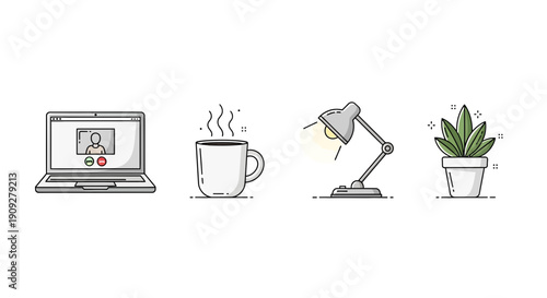 Home office essentials: laptop, coffee, desk lamp, and potted plant icons