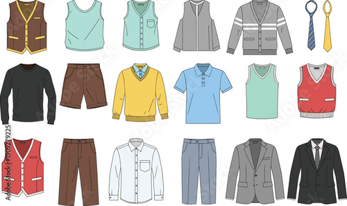 Mens wardrobe clothing flat illustration set including shirts vests sweaters pants shorts jackets and accessories for fashion design