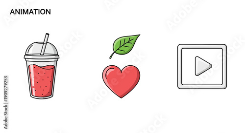 Healthy Lifestyle Icons: Smoothie, Leaf, Heart, Play Button - Animation