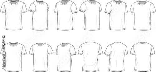 Mens basic t shirt technical flat sketches showing multiple front side and back angles for fashion apparel mockup template