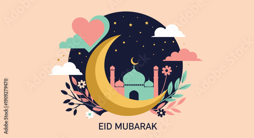 Cute Happy Eid Mubarak Greetings, Muslim people greet each other and shake hands. Celebrate Eid al-Fitr concept illustration