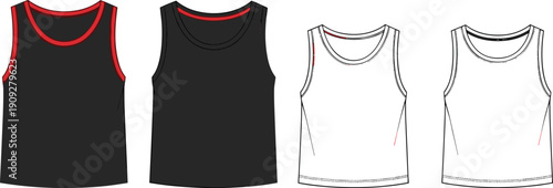 Basketball tank top technical flat sketches showing front views in black and white color variations for sportswear apparel design
