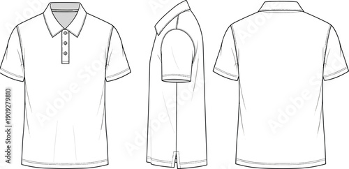 Polo shirt technical flat sketch showing front side and back views for fashion design template vector illustration mockup apparel
