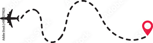 Airplane Flight Path Illustration with Curved Dashed Line and Red Location Pin