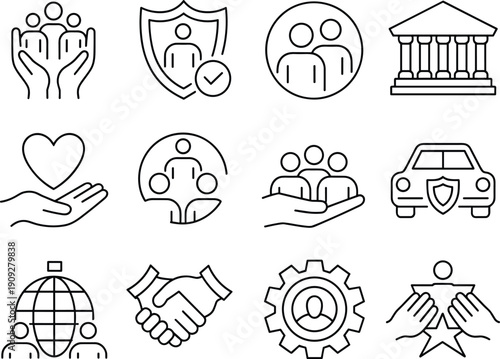 Community care and social protection line icons set showing charity, insurance, family support, trust, safety, cooperation, governance, and public services concepts