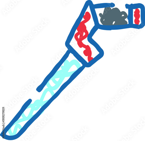 Saw hand tool depicting the process of woodcutting with a blue outline and red accents, illustrating a construction or renovation concept on a white background