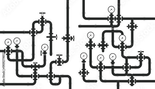 Complex industrial piping system schematic with valves and pressure gauges, technical plumbing and engineering pipeline illustration isolated on white background