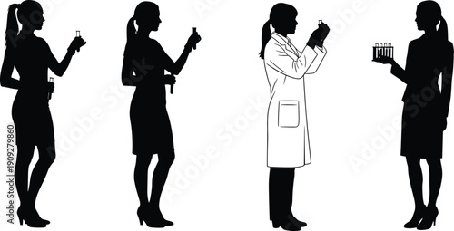 Set of female scientist silhouettes holding test tubes and laboratory equipment for medical research chemistry and pharmaceutical science vector illustration