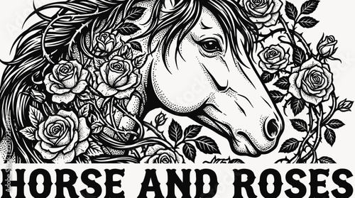 horse face blended with rose floral arrangement in elegant ornamental tattoo design illustration presenting artistic mystical nature symbol aesthetic decorative ink concept