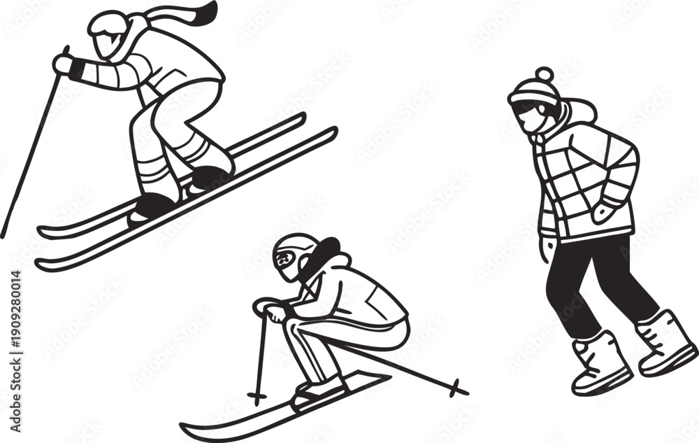 Obraz premium Skiing icon set with three skiers in different poses. Includes skiing, snow sports, and winter activities illustrations. Created in line style with black and white color palette.
