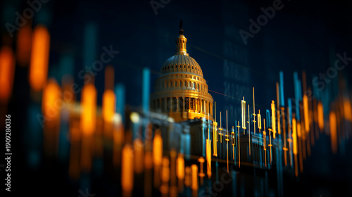 The US Capitol building is shown with a blurred background of stock market data at night