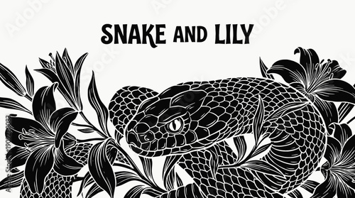 snake face intertwined with lily floral composition in intricate ornamental tattoo design illustration expressing artistic mystical nature symbol aesthetic decorative ink concept