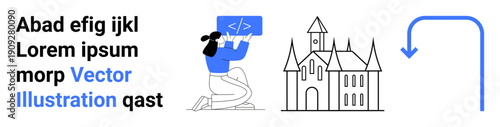 Web development, coding education, historic architecture, creative direction, digital communication, guidance. Woman working on web coding, a castle and a blue arrow. Coding education and web