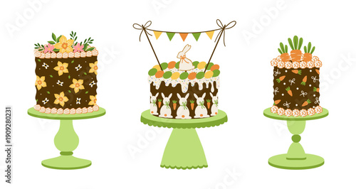 Easter Cake with icing and sprinkles, bunny topper, colored eggs and carrots and flowers on cake stand. Funny Easter cake. Vector Illustration
