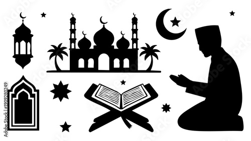 Islamic ramadan kareem silhouette elements set, Muslim man praying with quran and mosque icon, Ramadan celebration icons with mosque and lantern, Traditional islamic religious symbols silhouette vecto