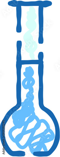 Chemical flask with blue evaporating liquid, hand drawn doodle style icon symbolizing laboratory research, experiment, chemical reaction, science, discovery and education