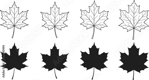 Set of Maple Leaf Vector Icons with Detailed Line Art and Solid Black Silhouettes for Autumn Season and Canadian Designs