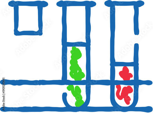 Test tubes containing green and red liquids are secured in a rack, symbolizing scientific experimentation, chemical analysis, and laboratory research with potential results