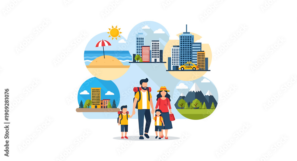 Fototapeta premium Family enjoying diverse vacation destinations and activities together.