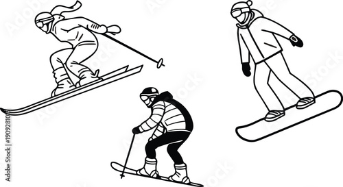 Capture the thrill of winter sports with these dynamic skiers and snowboarder in action-packed poses, conveying excitement and a sense of adventure