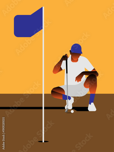 A focused golfer crouching on the green, analyzing the line for a putt near a blue flag.