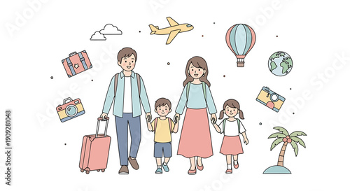 Happy family going on vacation with luggage and travel icons.