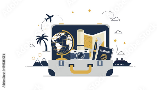 Open suitcase filled with travel essentials and vacation items.