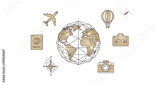 Travel and exploration concept with globe and icons.