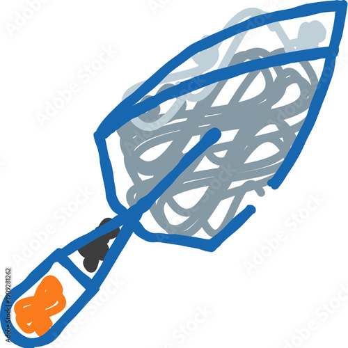 Garden trowel illustration featuring a blue outline, a gray blade scribble, and an orange accent on the handle, providing a charming and simplistic artistic depiction of a gardening tool